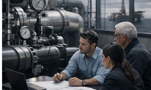 Technical briefing conversation beside industrial equipment and operating data.