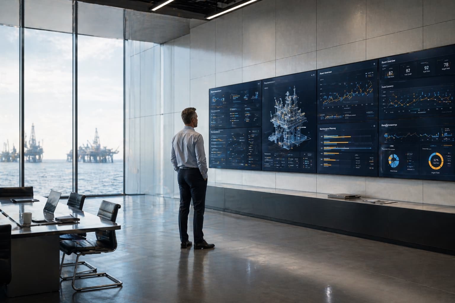 Senior operator reviewing asset dashboards in an offshore decision room.