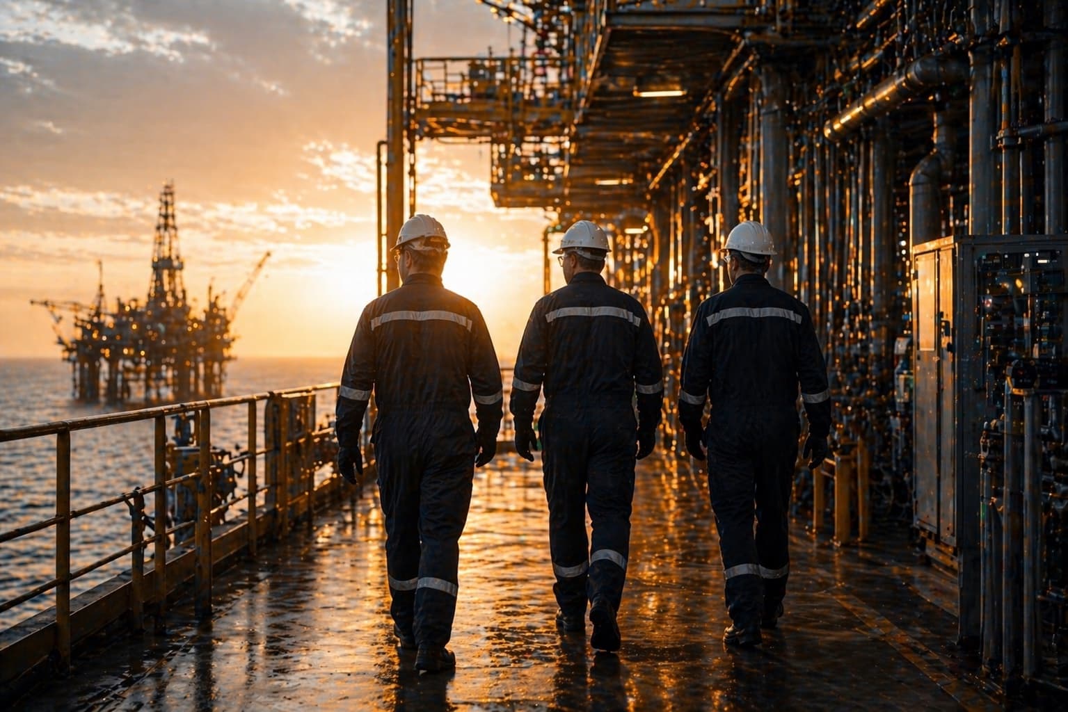 Offshore walkdown team moving through a live-asset environment at dusk.