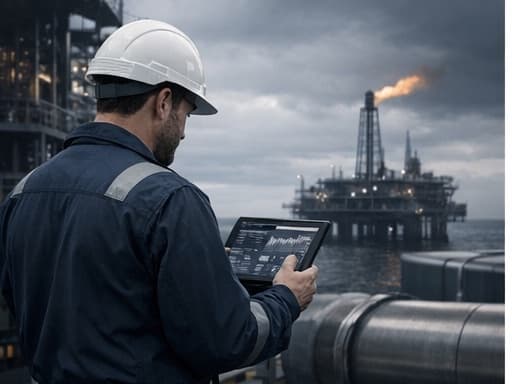 Offshore specialist reviewing service-route signals on a tablet with a platform in view.