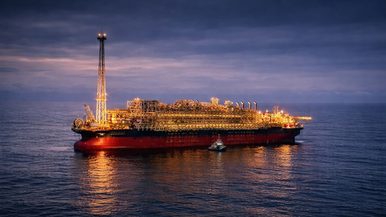 Panoramic FPSO at dusk with illuminated flare tower and deck lighting.