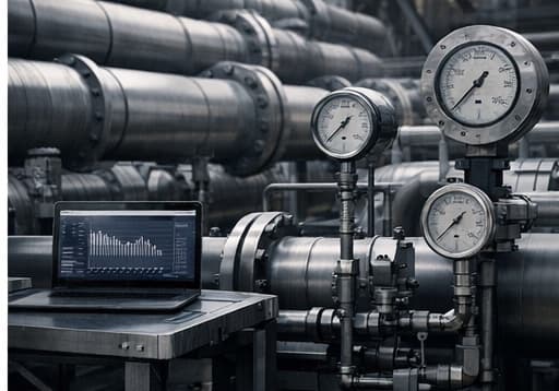 Pressure gauges, process piping, and laptop analytics framing reliability insight work.